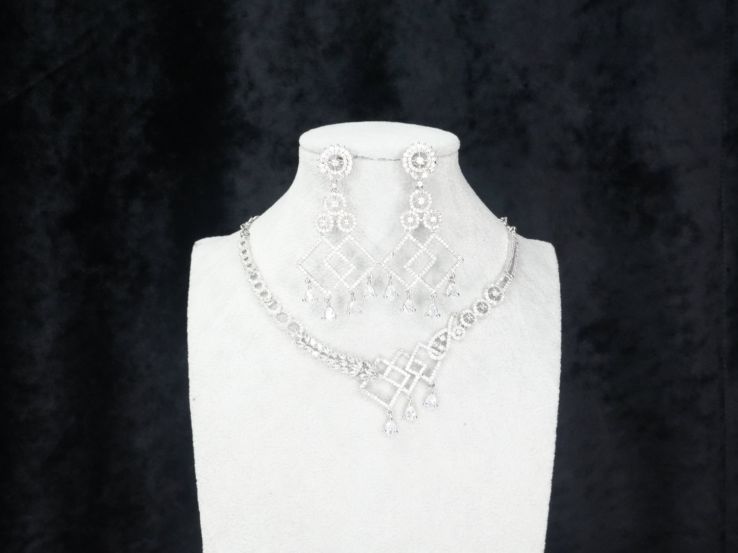 Silver White American Diamond CZ Necklace Set With Matching Earrings Bridal Set