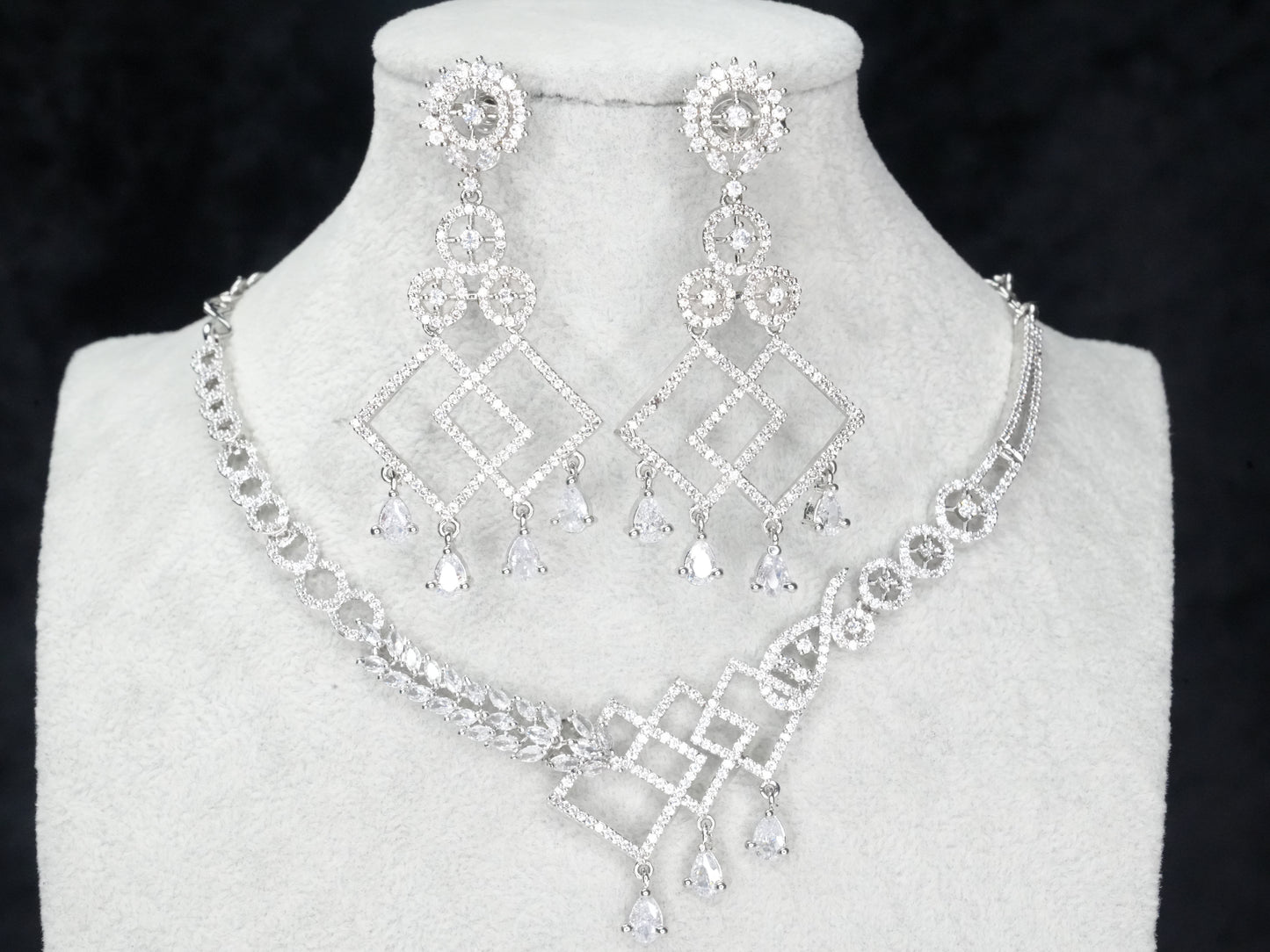 Silver White American Diamond CZ Necklace Set With Matching Earrings Bridal Set
