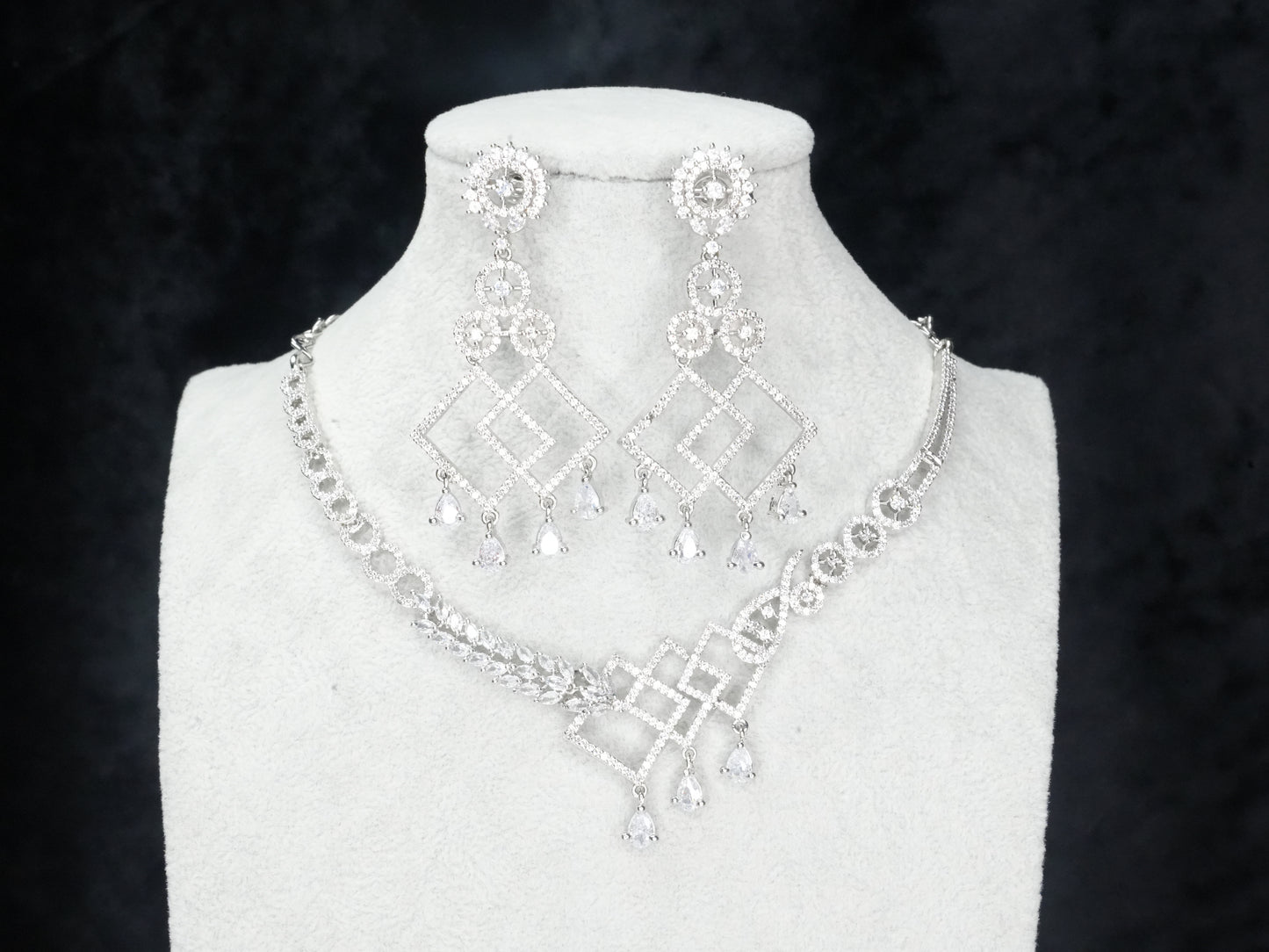 Silver White American Diamond CZ Necklace Set With Matching Earrings Bridal Set