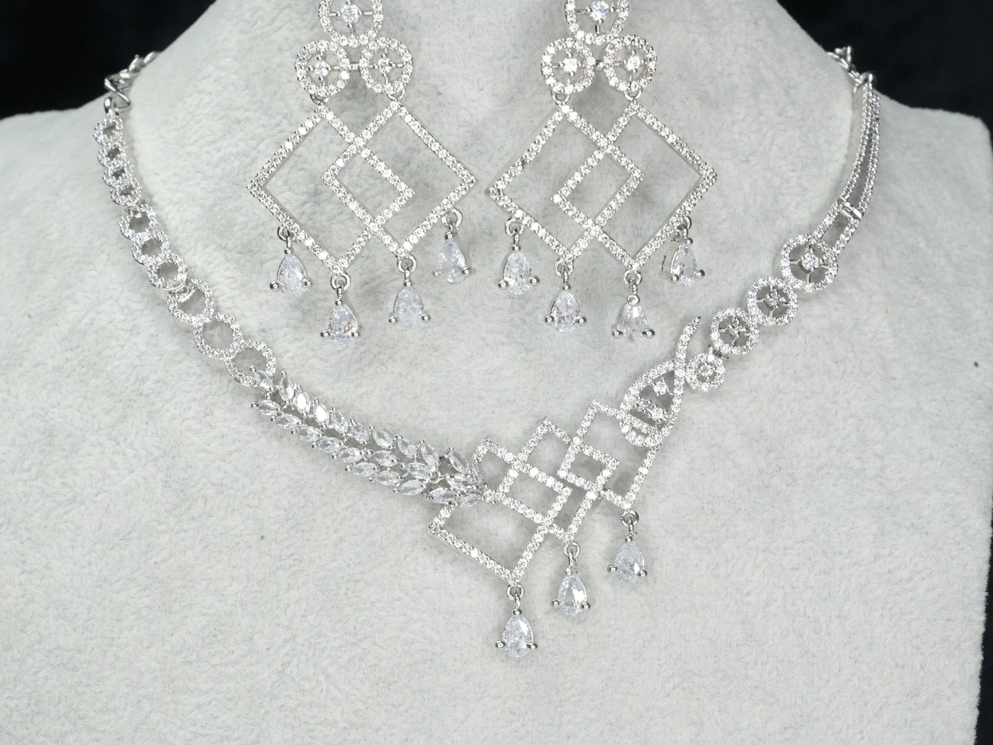 Silver White American Diamond CZ Necklace Set With Matching Earrings Bridal Set