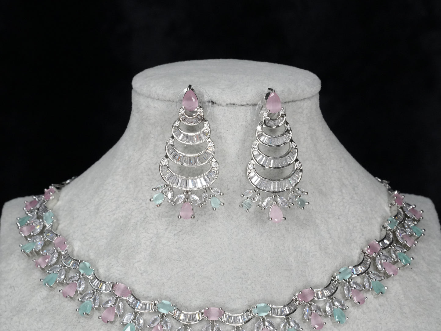 Silver Pink And Green American Diamond Necklace Jewelry Bridal Set