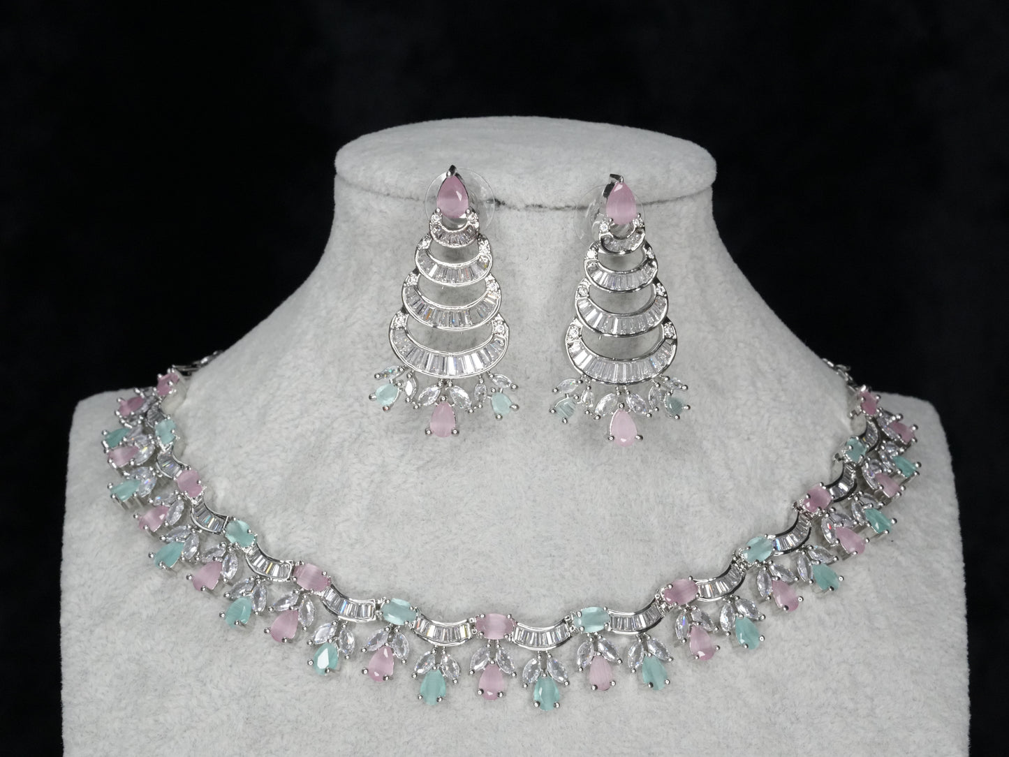 Silver Pink And Green American Diamond Necklace Jewelry Bridal Set