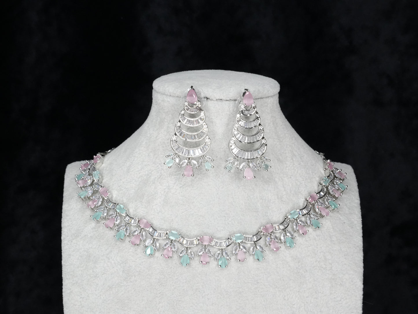 Silver Pink And Green American Diamond Necklace Jewelry Bridal Set