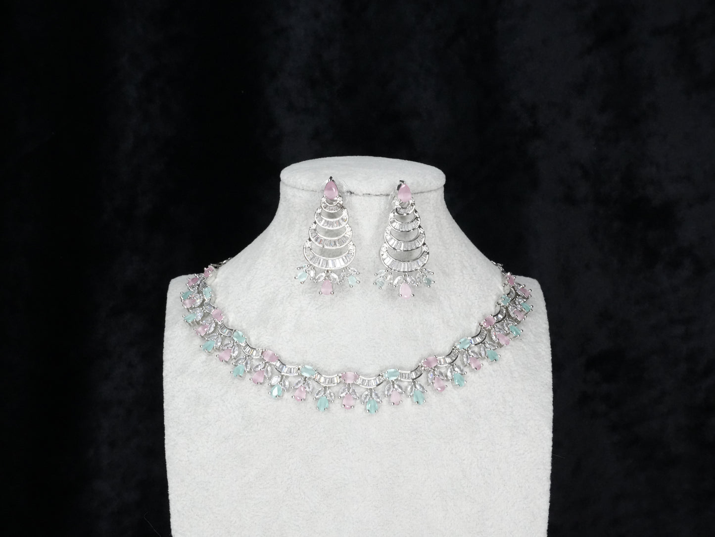Silver Pink And Green American Diamond Necklace Jewelry Bridal Set