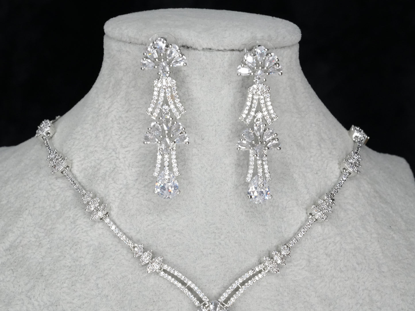 Silver White American Diamond Cz Necklace Jewelry Bridal Set