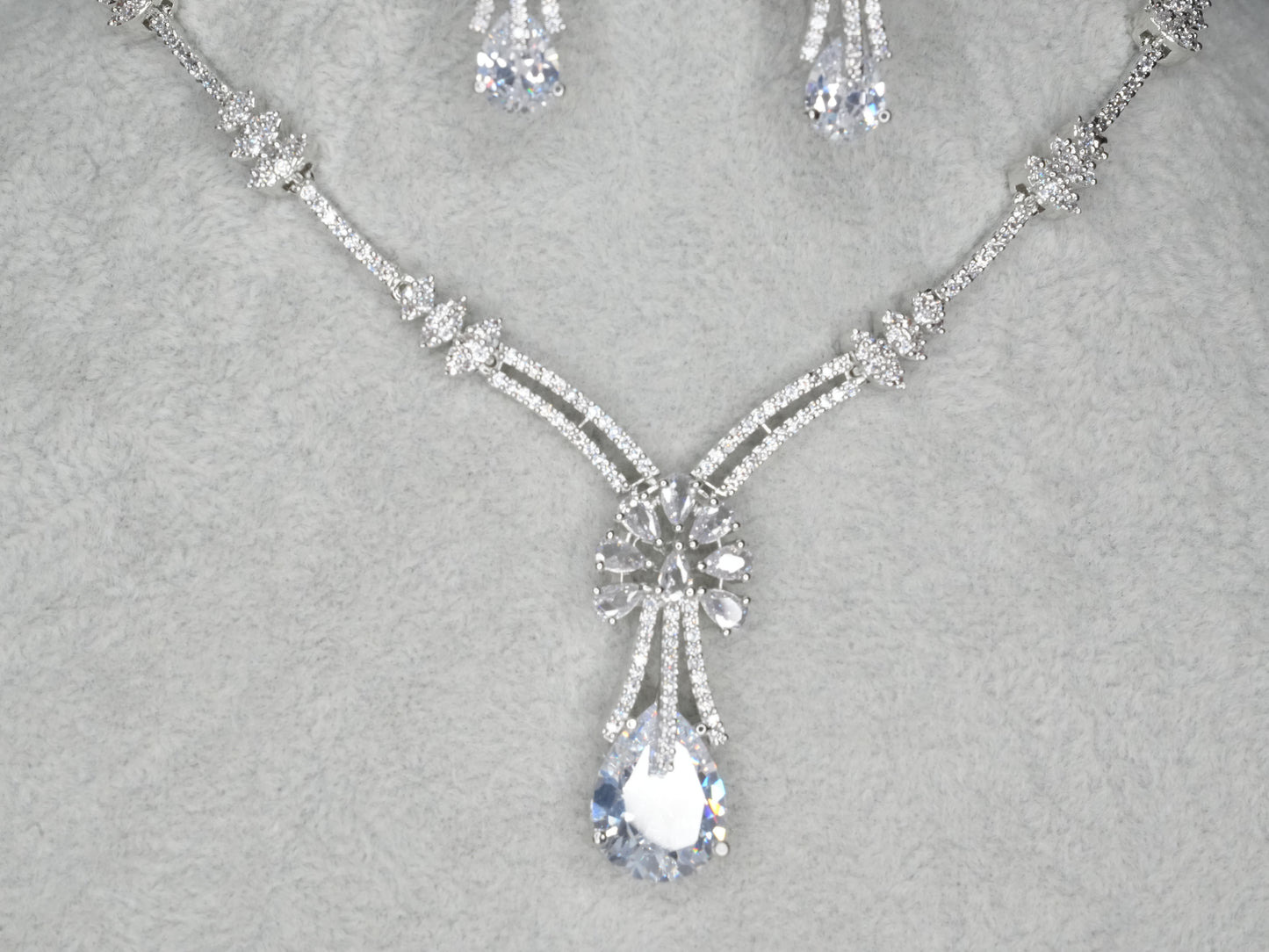 Silver White American Diamond Cz Necklace Jewelry Bridal Set