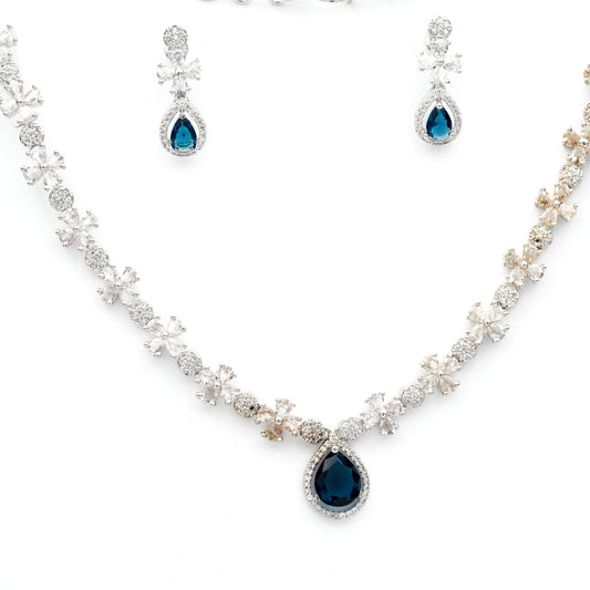Elegant Sapphire Blue Teardrop Necklace & Earring Set – Silver-Tone CZ Crystal Bridal Jewelry