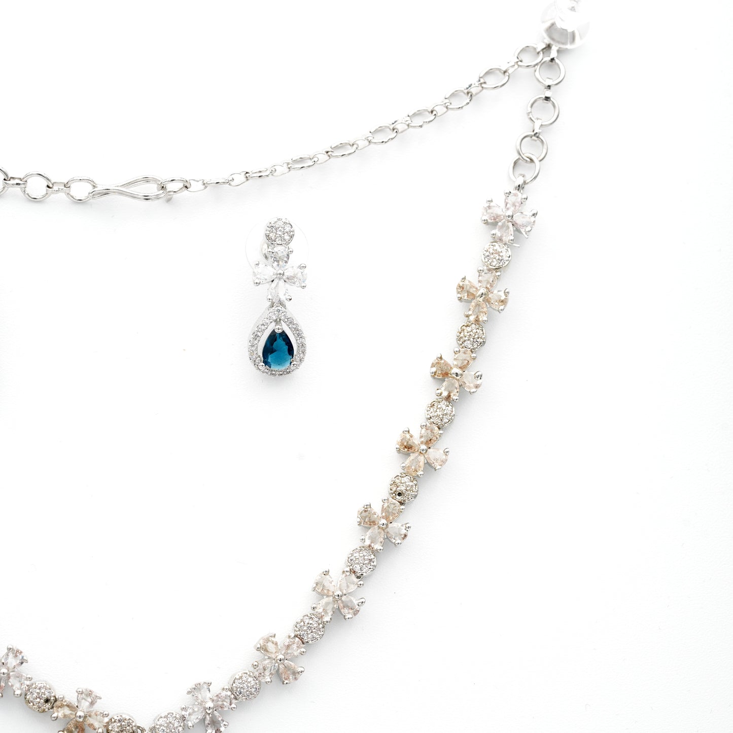 Elegant Sapphire Blue Teardrop Necklace & Earring Set – Silver-Tone CZ Crystal Bridal Jewelry