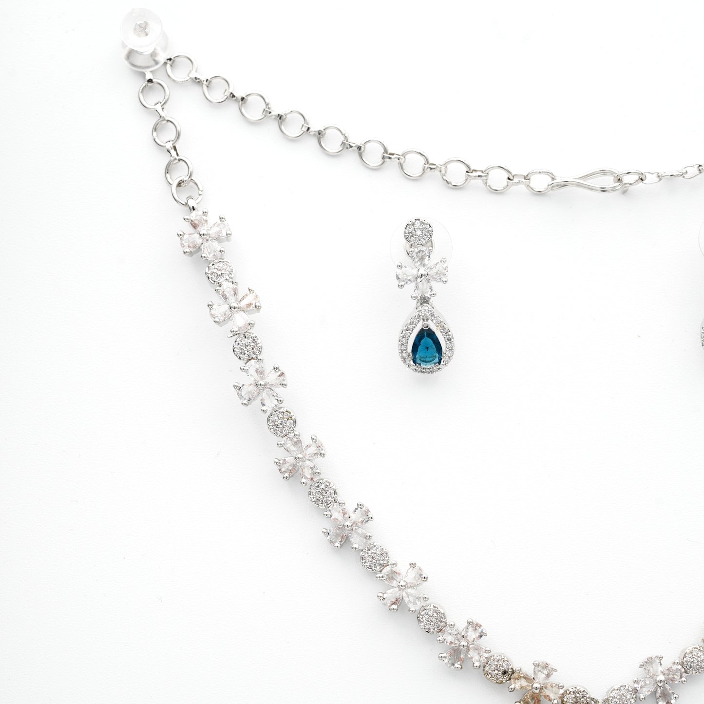 Elegant Sapphire Blue Teardrop Necklace & Earring Set – Silver-Tone CZ Crystal Bridal Jewelry