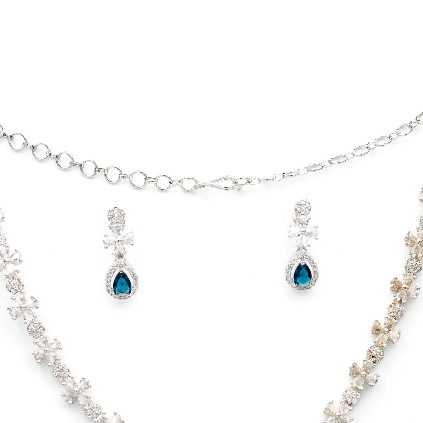 Elegant Sapphire Blue Teardrop Necklace & Earring Set – Silver-Tone CZ Crystal Bridal Jewelry