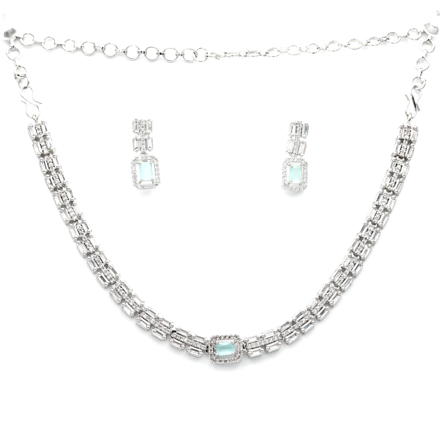 Luxury Mint Green Baguette-Cut Necklace & Earring Set in Silver Finish