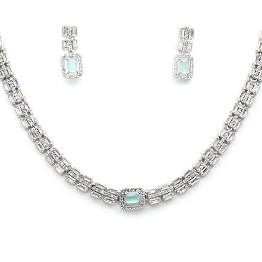 Luxury Mint Green Baguette-Cut Necklace & Earring Set in Silver Finish