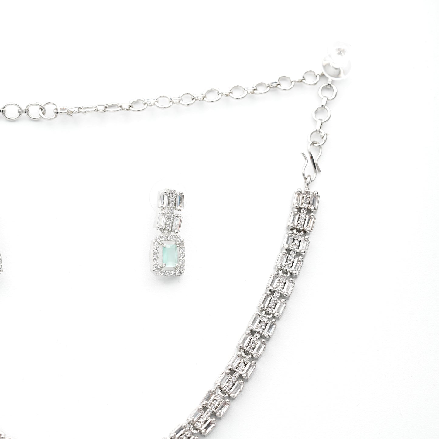 Luxury Mint Green Baguette-Cut Necklace & Earring Set in Silver Finish