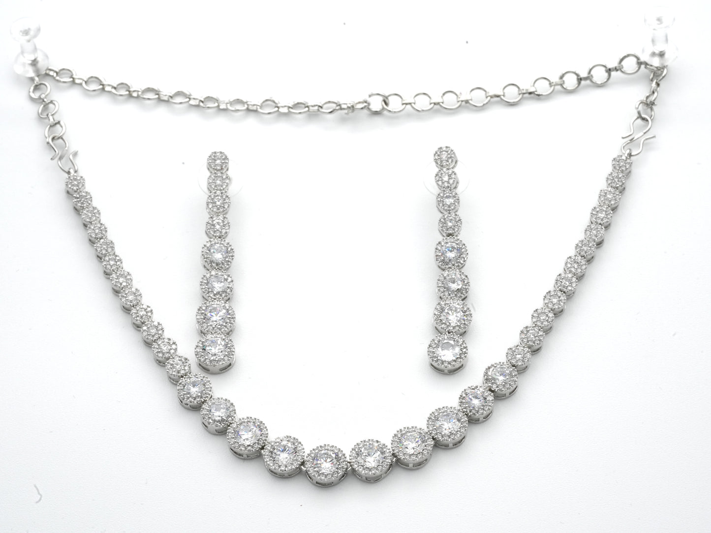 Classic Round Cut CZ Tennis Necklace & Earring Set – Silver-Tone Bridal Jewelry