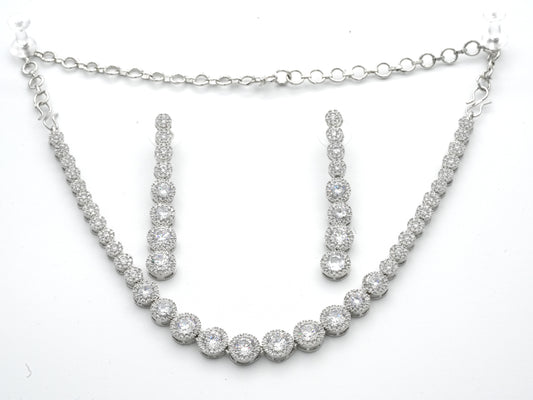 Classic Round Cut CZ Tennis Necklace & Earring Set – Silver-Tone Bridal Jewelry