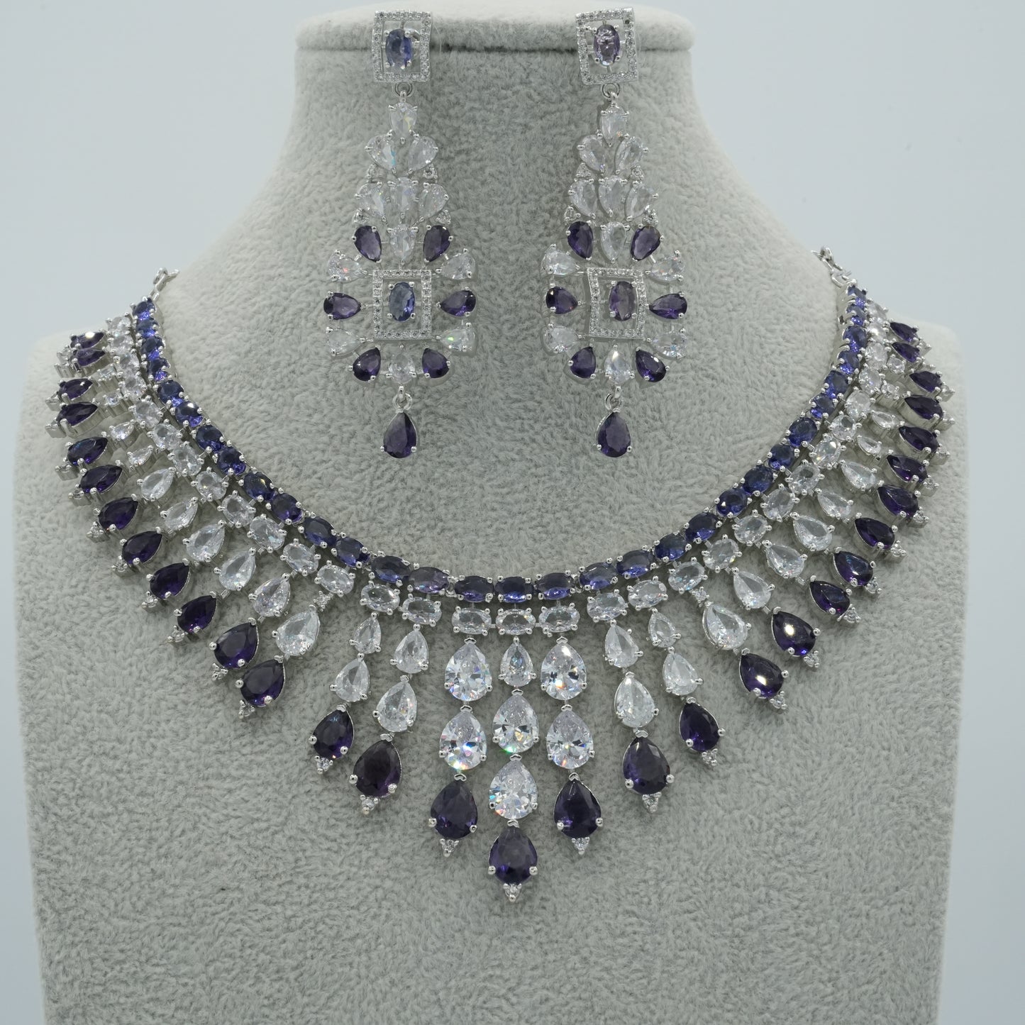 Blue Silver American Diamond Cz Necklace Jewelry Bridal Blue set