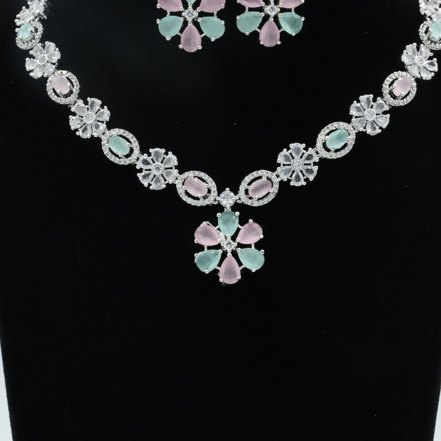 Pink and Green Silver American Diamond Cz Necklace Jewelry Colourful set