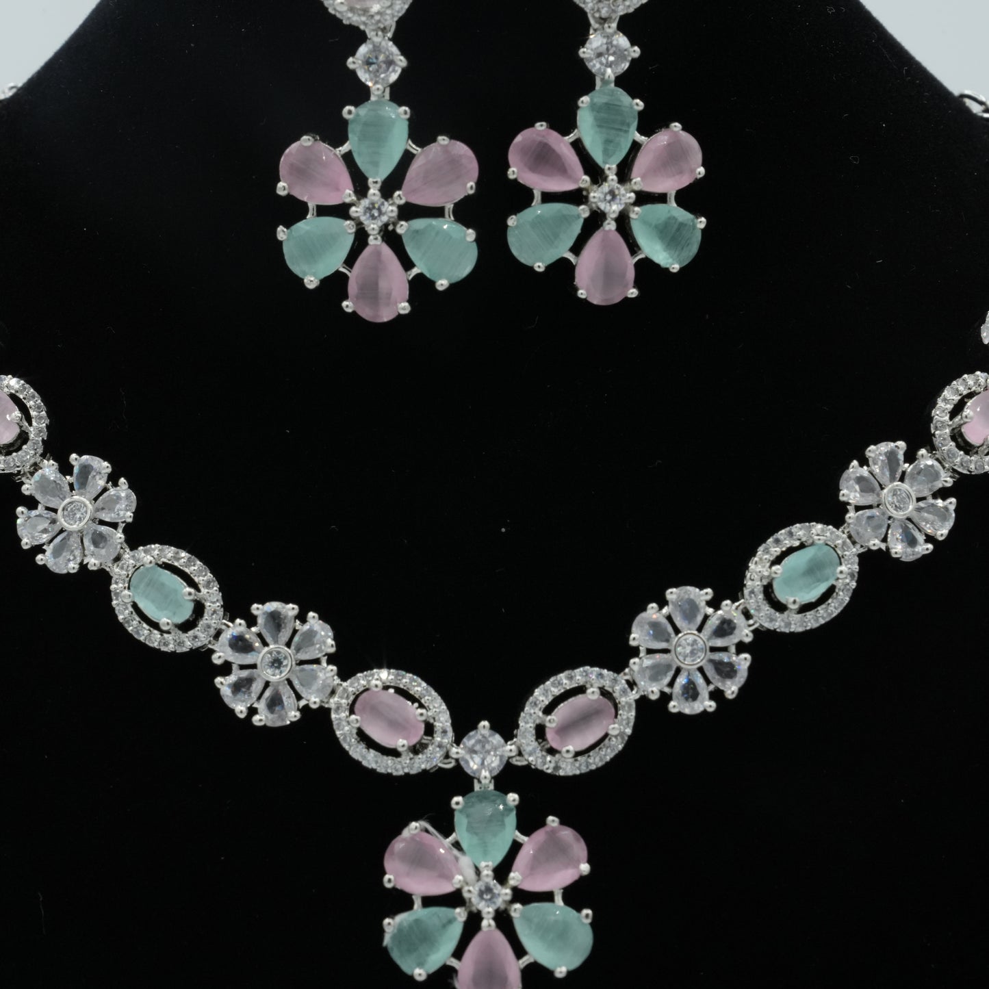 Pink and Green Silver American Diamond Cz Necklace Jewelry Colourful set