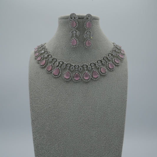 Pink Silver American Diamond Cz Necklace Jewelry Bridal set