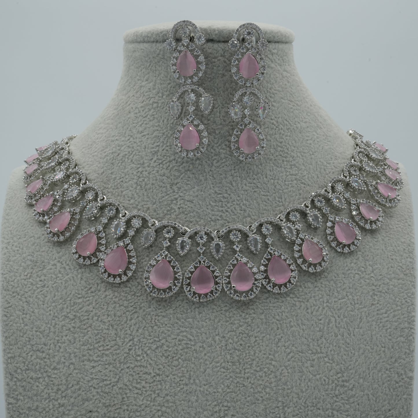 Pink Silver American Diamond Cz Necklace Jewelry Bridal set