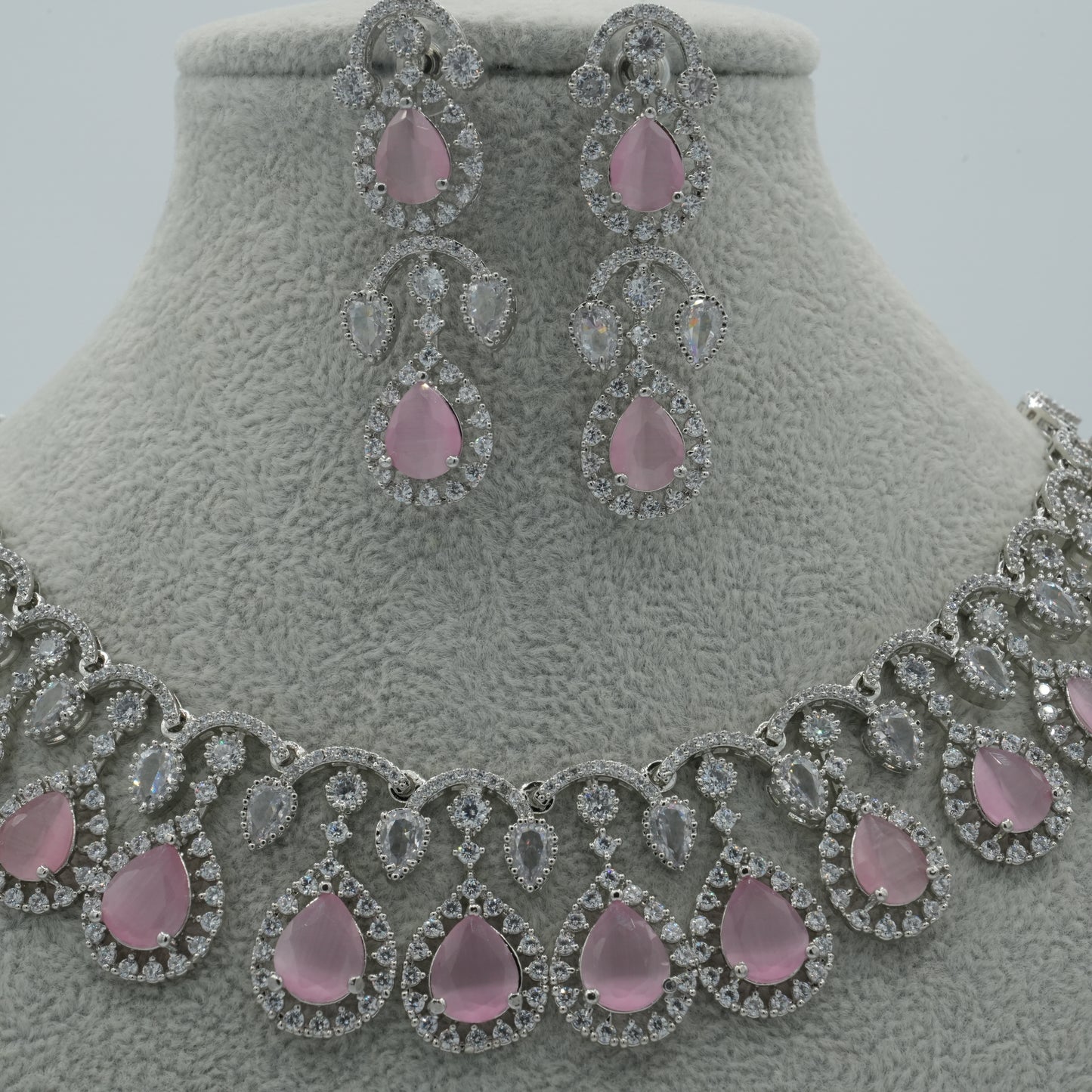Pink Silver American Diamond Cz Necklace Jewelry Bridal set