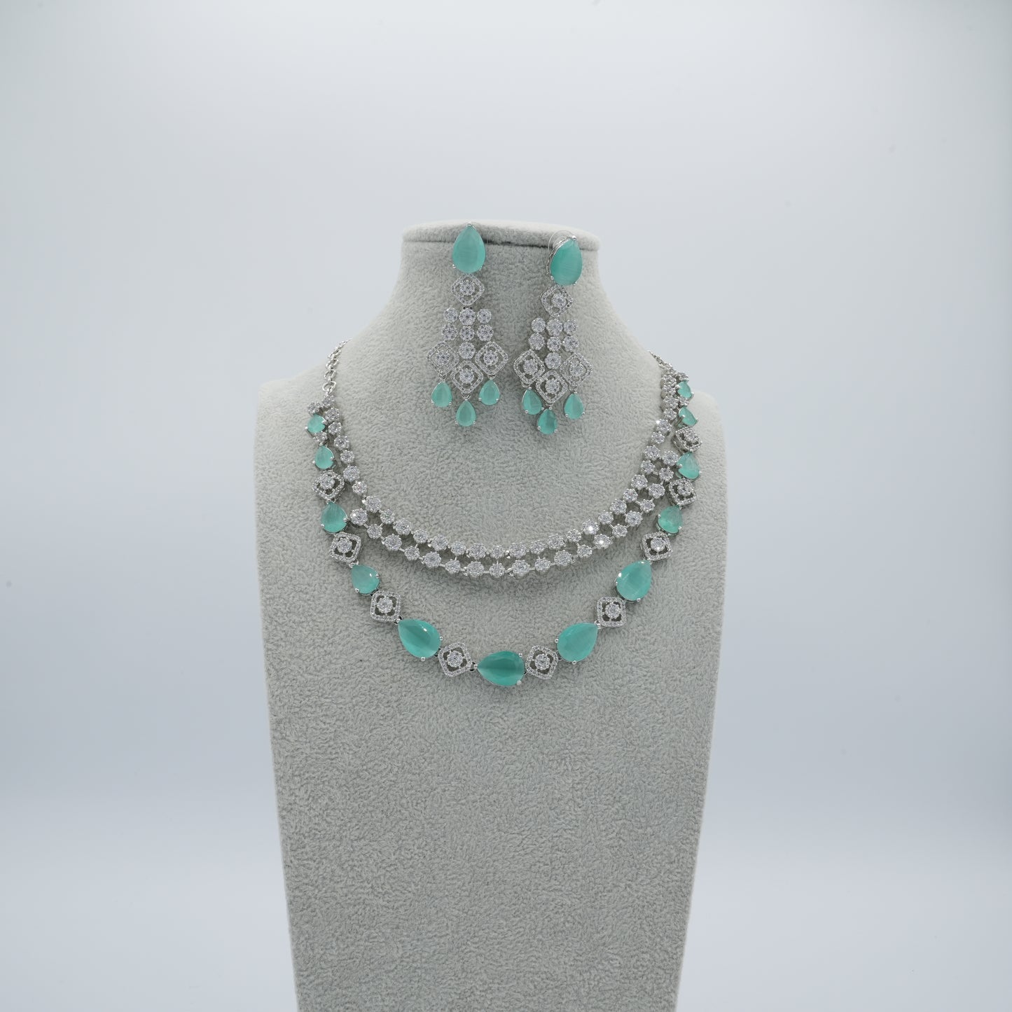Green Silver American Diamond Cz Necklace Jewelry Bridal Green set