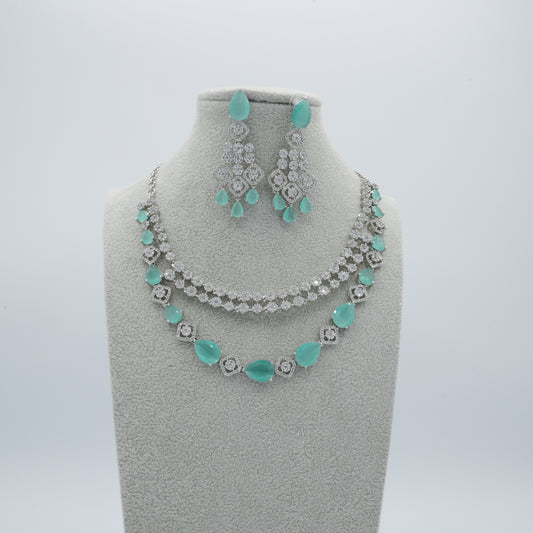 Green Silver American Diamond Cz Necklace Jewelry Bridal Green set