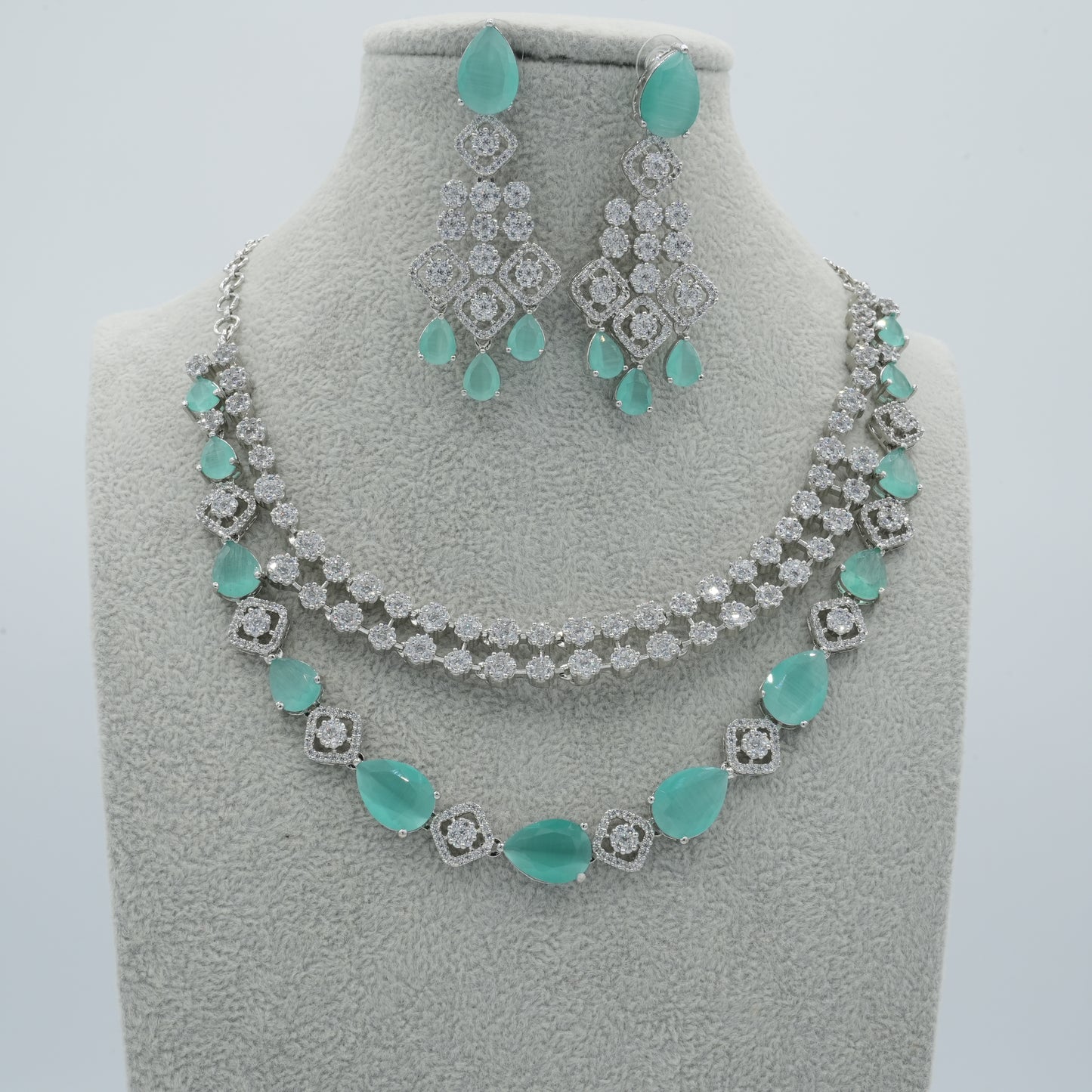 Green Silver American Diamond Cz Necklace Jewelry Bridal Green set