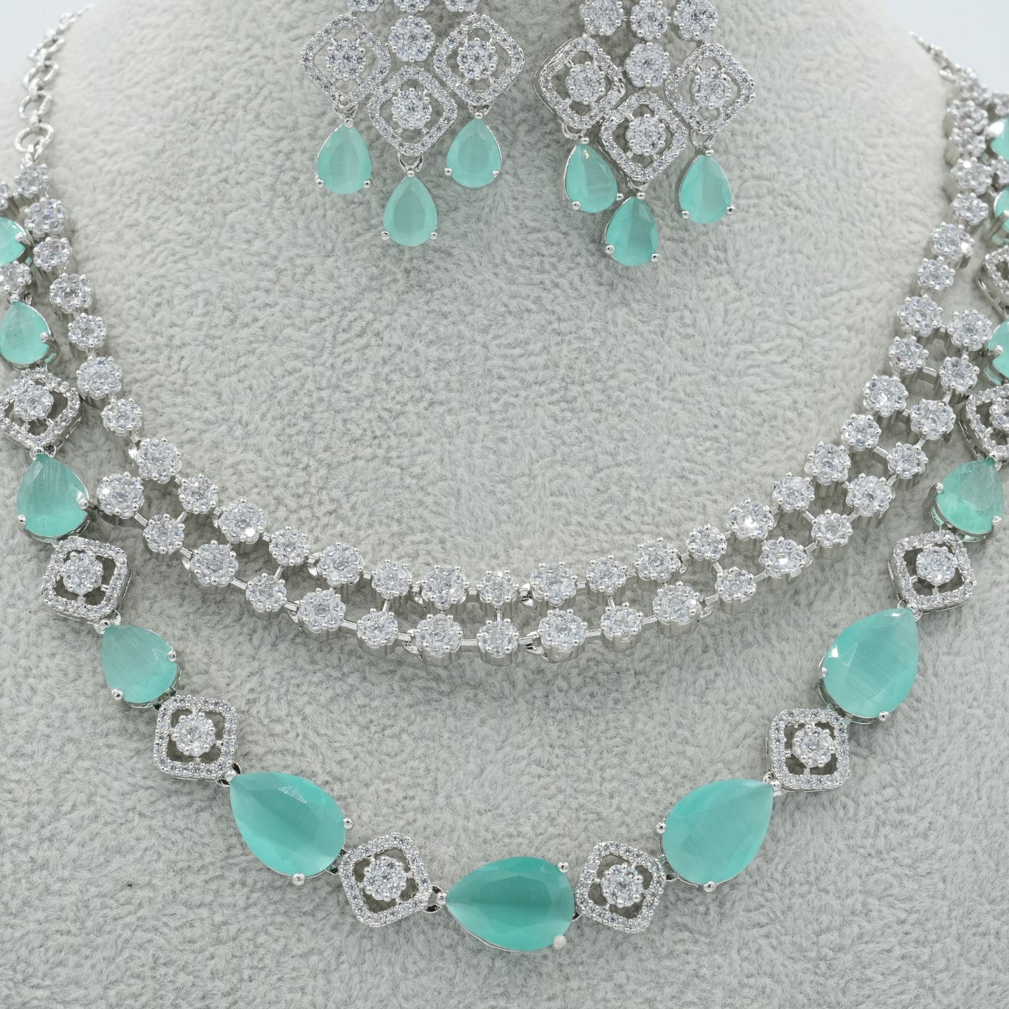 Green Silver American Diamond Cz Necklace Jewelry Bridal Green set