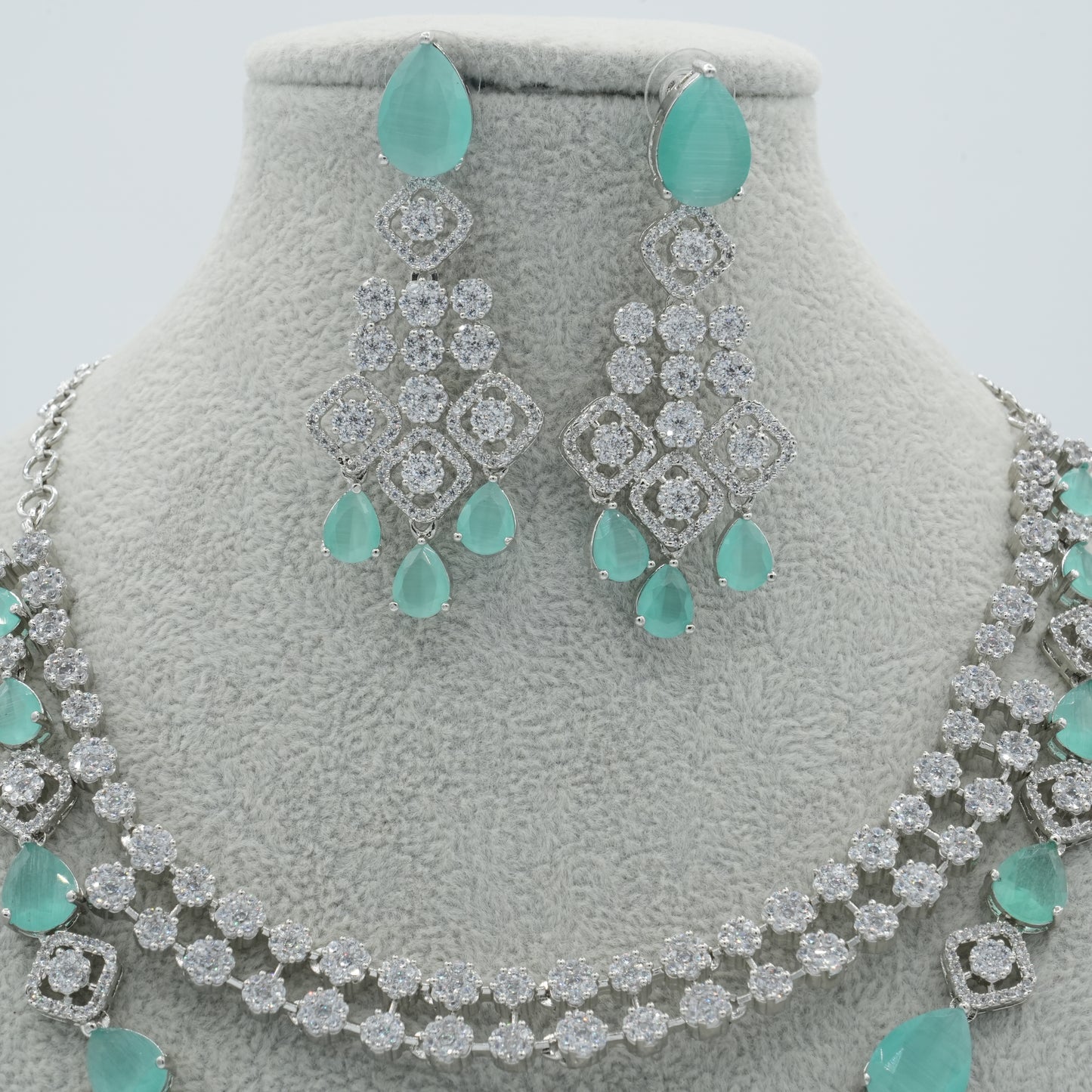 Green Silver American Diamond Cz Necklace Jewelry Bridal Green set