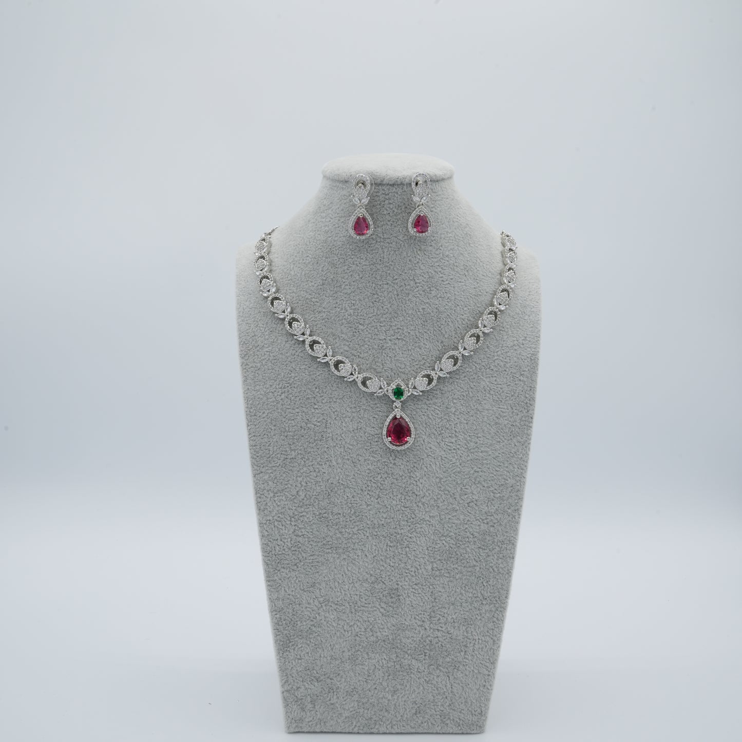 Red And Green Silver American Diamond Cz Necklace Jewelry Colourful set