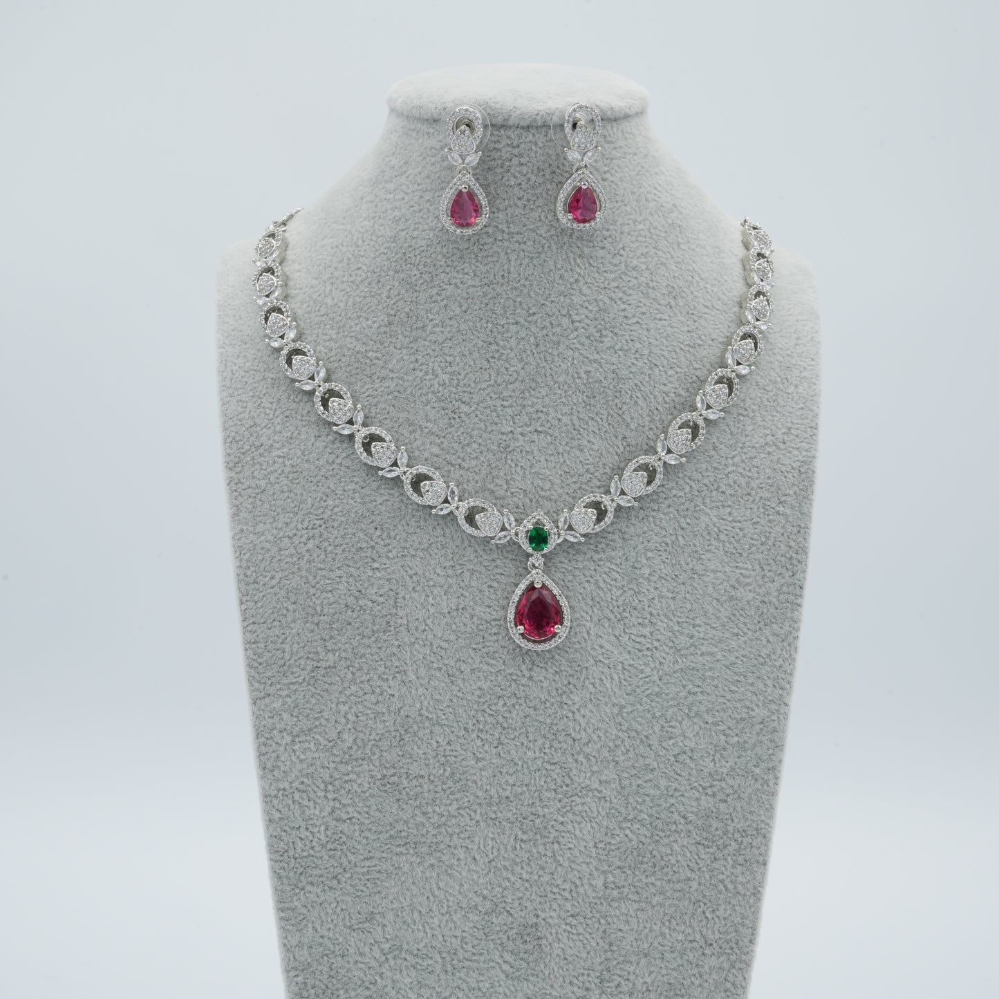 Red And Green Silver American Diamond Cz Necklace Jewelry Colourful set