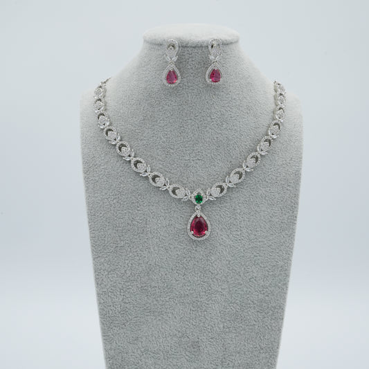 Red And Green Silver American Diamond Cz Necklace Jewelry Colourful set