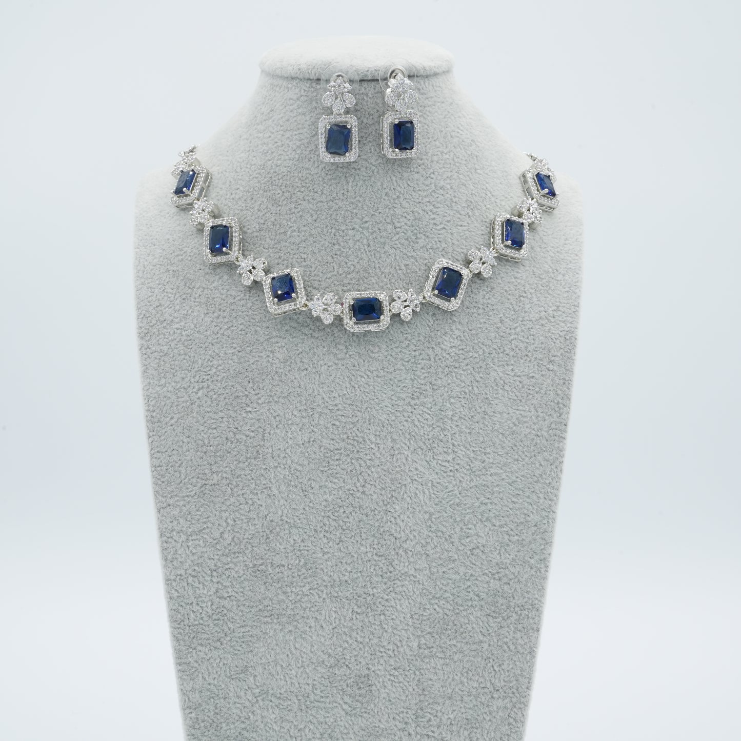 Blue Silver American Diamond Cz Necklace Jewelry Blue set