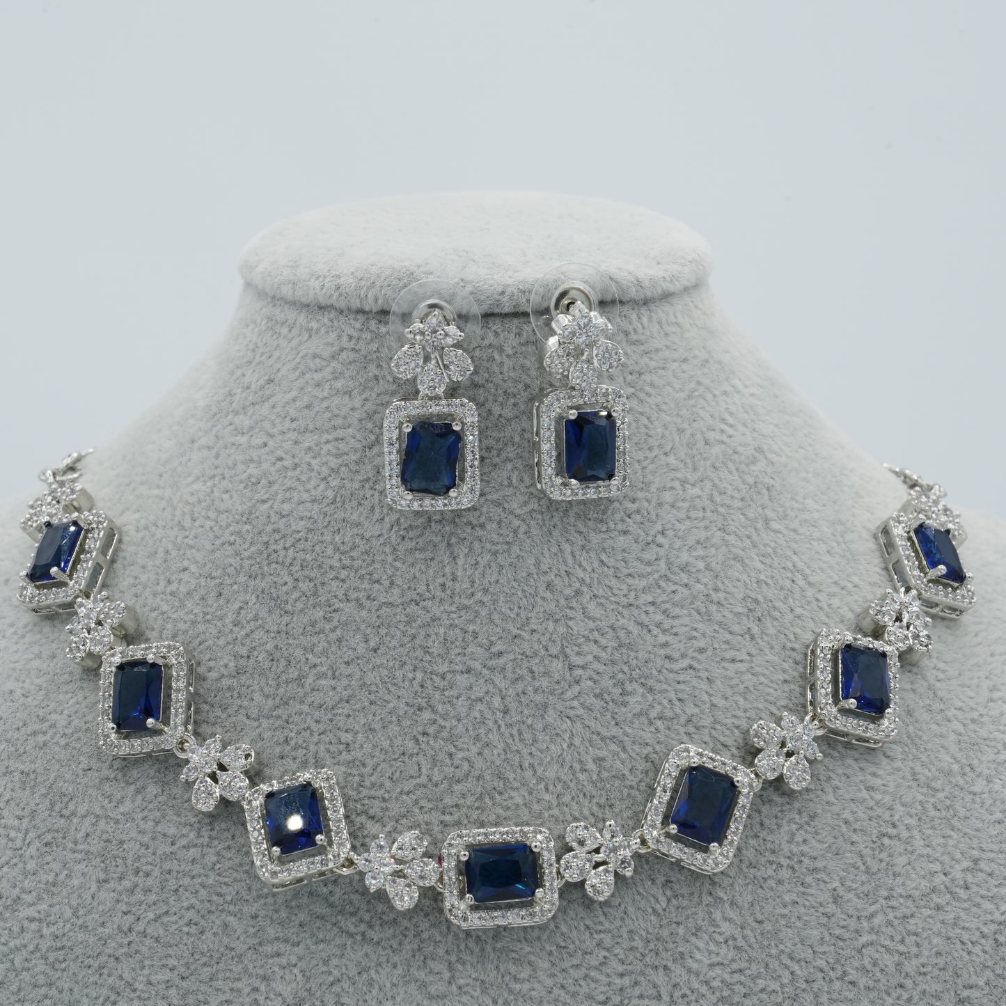 Blue Silver American Diamond Cz Necklace Jewelry Blue set