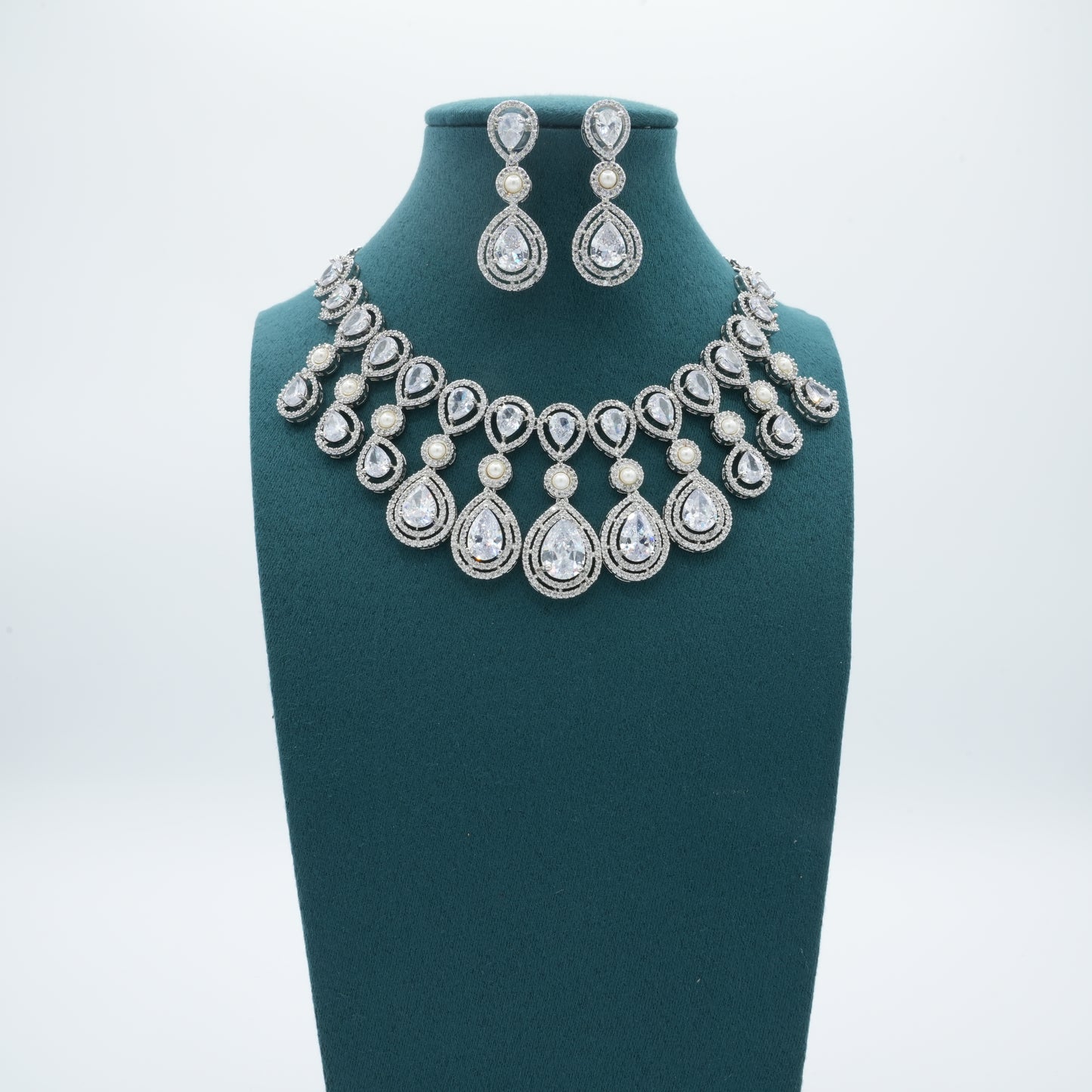 Silver White American Diamond CZ Necklace Jewelry Bridal Silver set