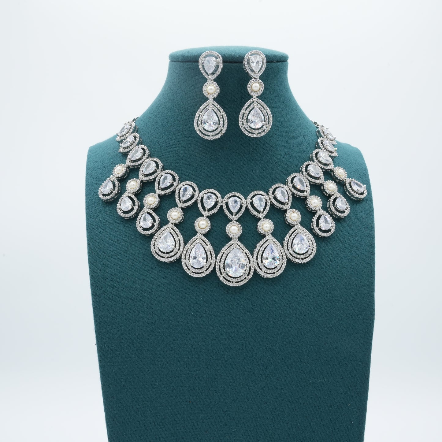 Silver White American Diamond CZ Necklace Jewelry Bridal Silver set