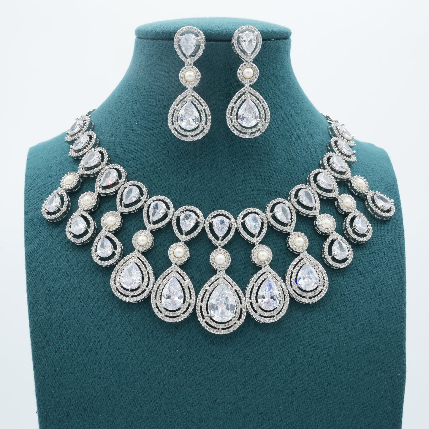 Silver White American Diamond CZ Necklace Jewelry Bridal Silver set