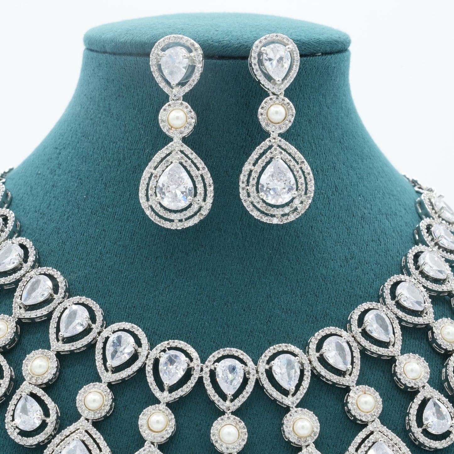 Silver White American Diamond CZ Necklace Jewelry Bridal Silver set