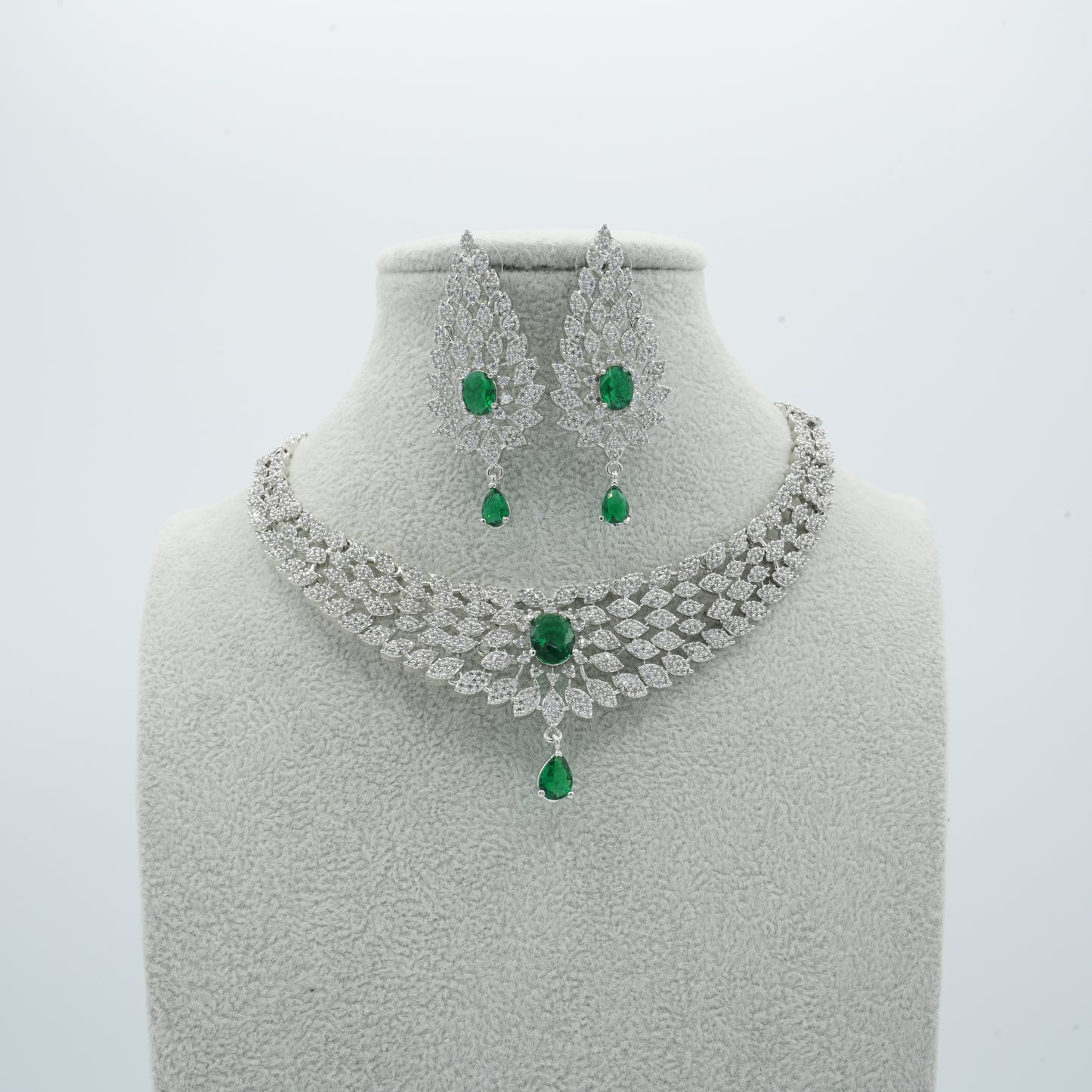 Silver Green American Diamond Cz Necklace Jewelry green set