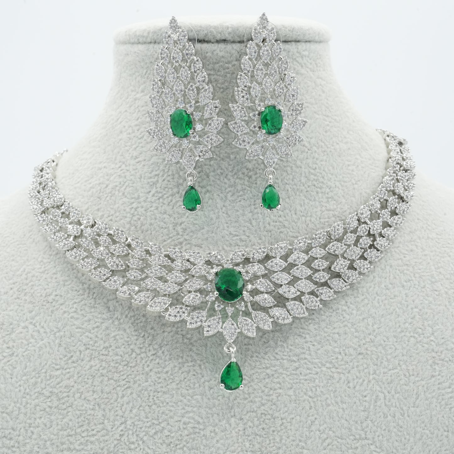 Silver Green American Diamond Cz Necklace Jewelry green set