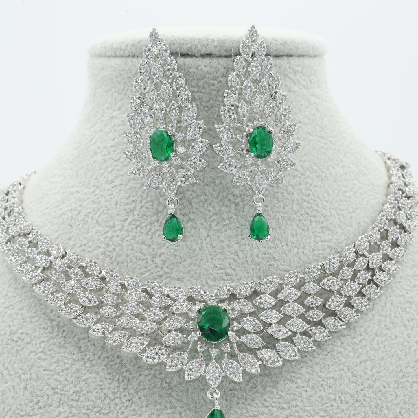 Silver Green American Diamond Cz Necklace Jewelry green set