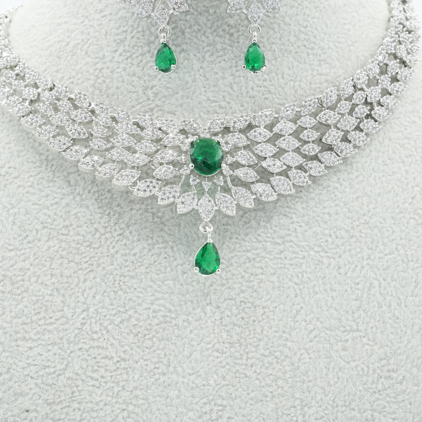 Silver Green American Diamond Cz Necklace Jewelry green set