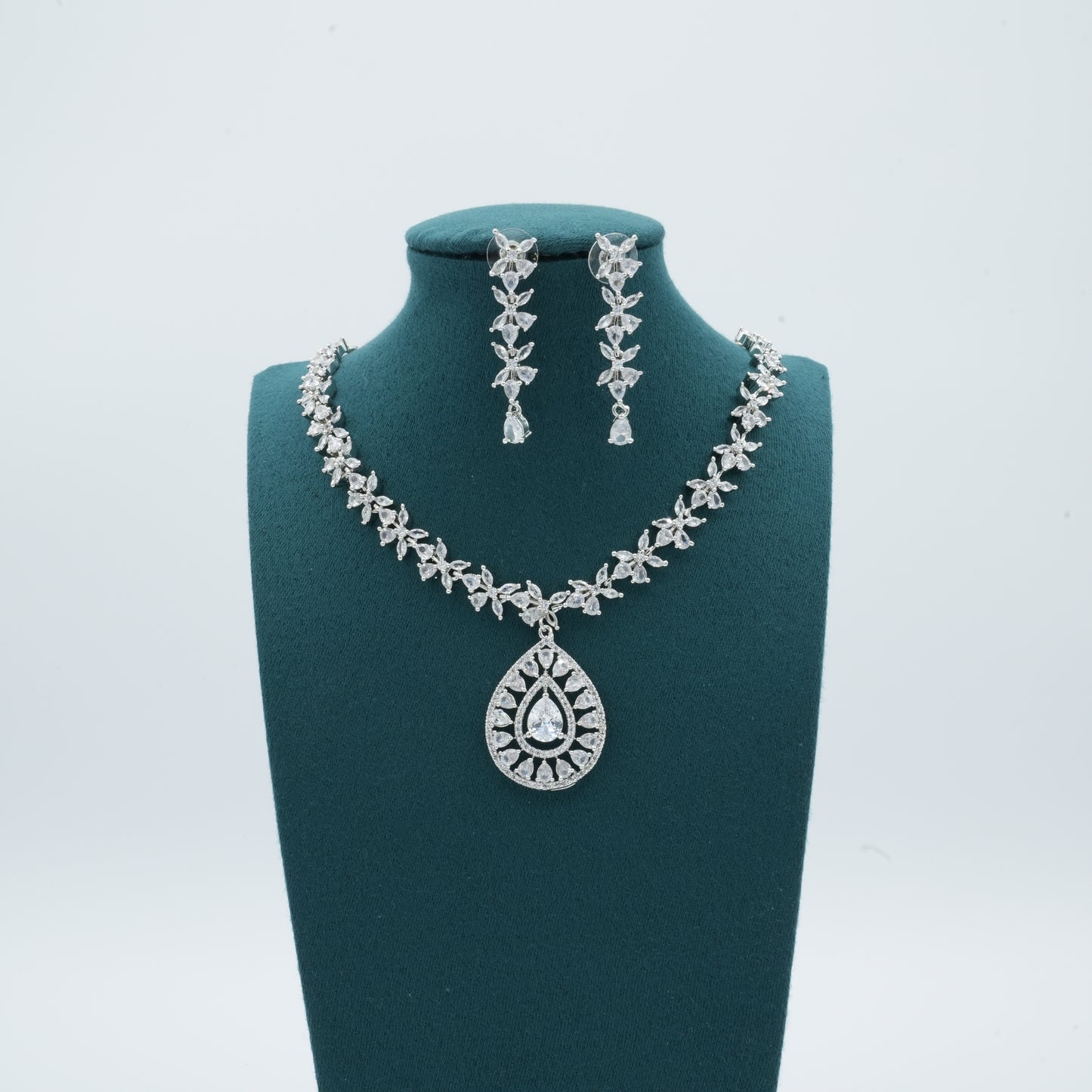 Silver White American Diamond Cz Necklace Jewelry Crystal Clear Set