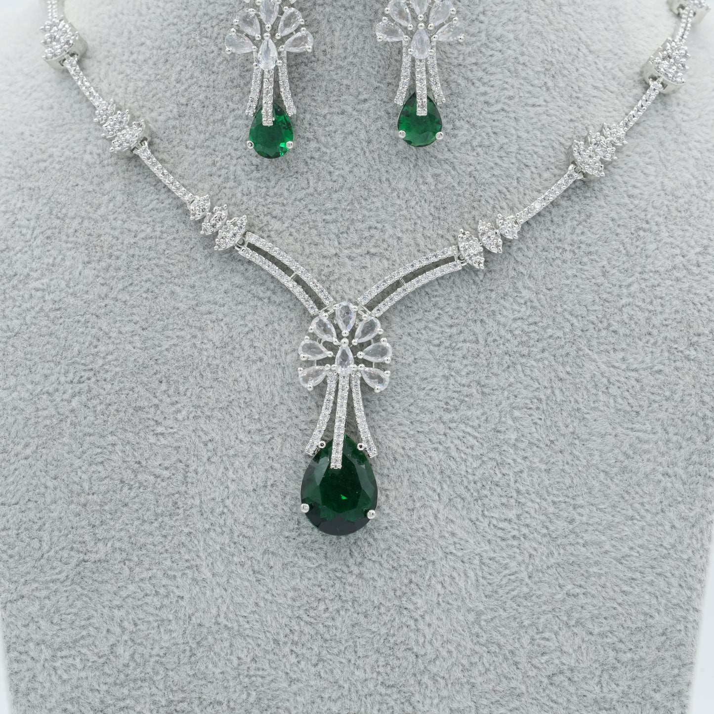 Green Silver American Diamond Cz Necklace Jewelry Green set