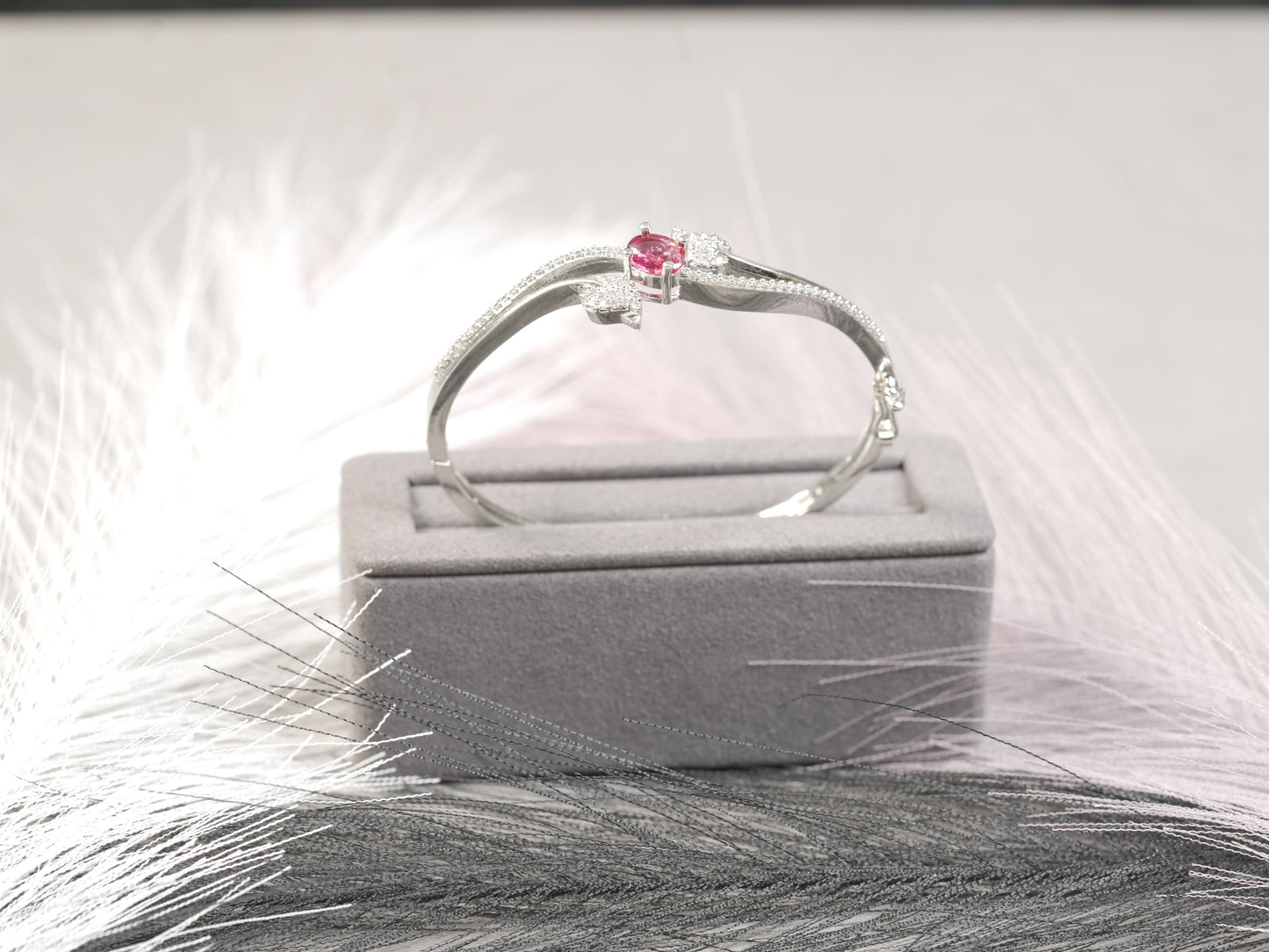 Elegant White Gold Bracelet with Red Ruby Center Stone