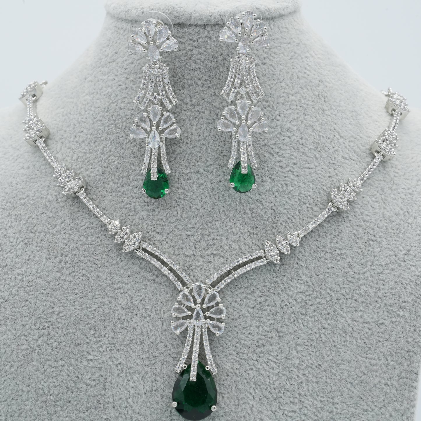 Green Silver American Diamond Cz Necklace Jewelry Green set