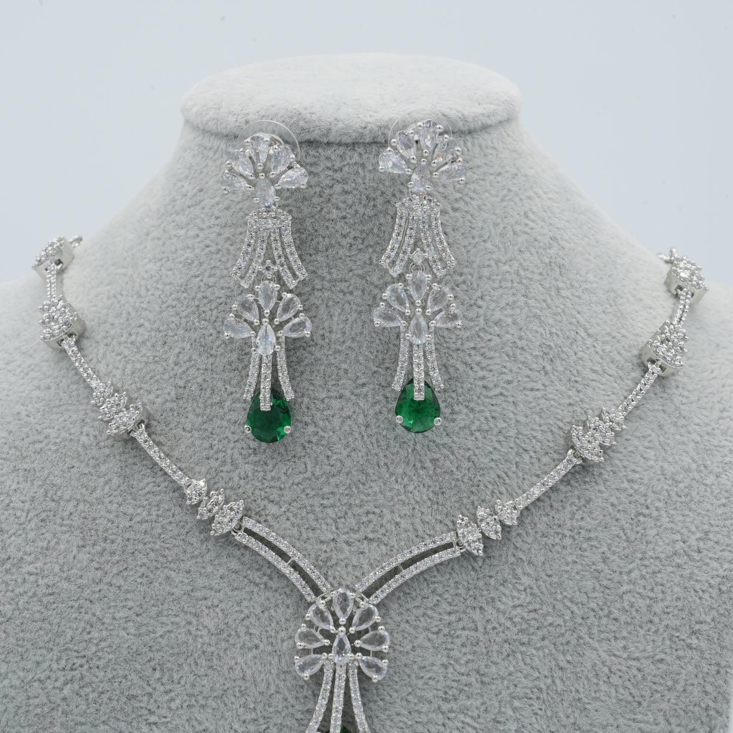 Green Silver American Diamond Cz Necklace Jewelry Green set