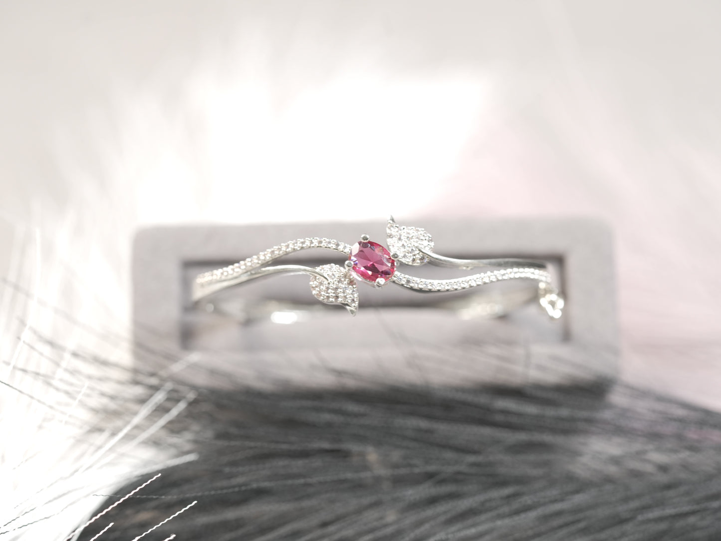 Elegant White Gold Bracelet with Red Ruby Center Stone