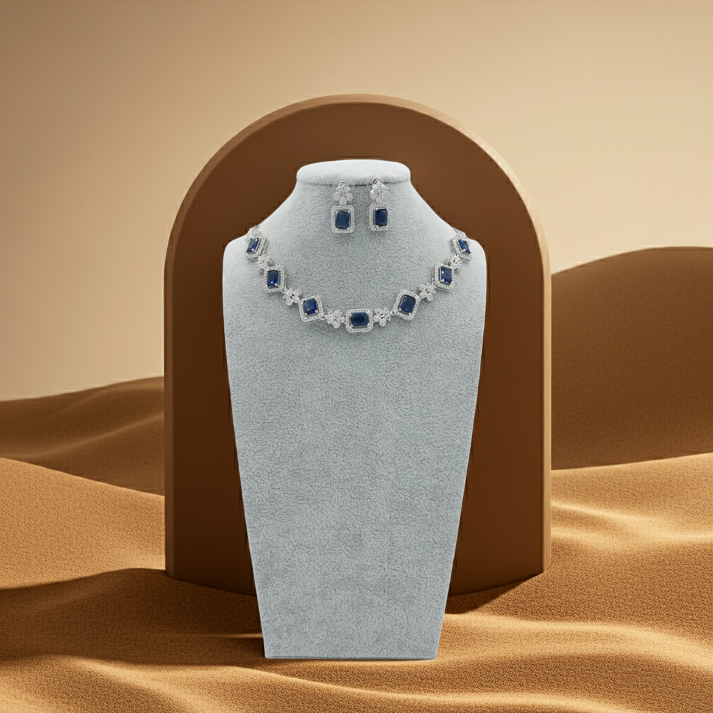 Blue Silver American Diamond Cz Necklace Jewelry Blue set